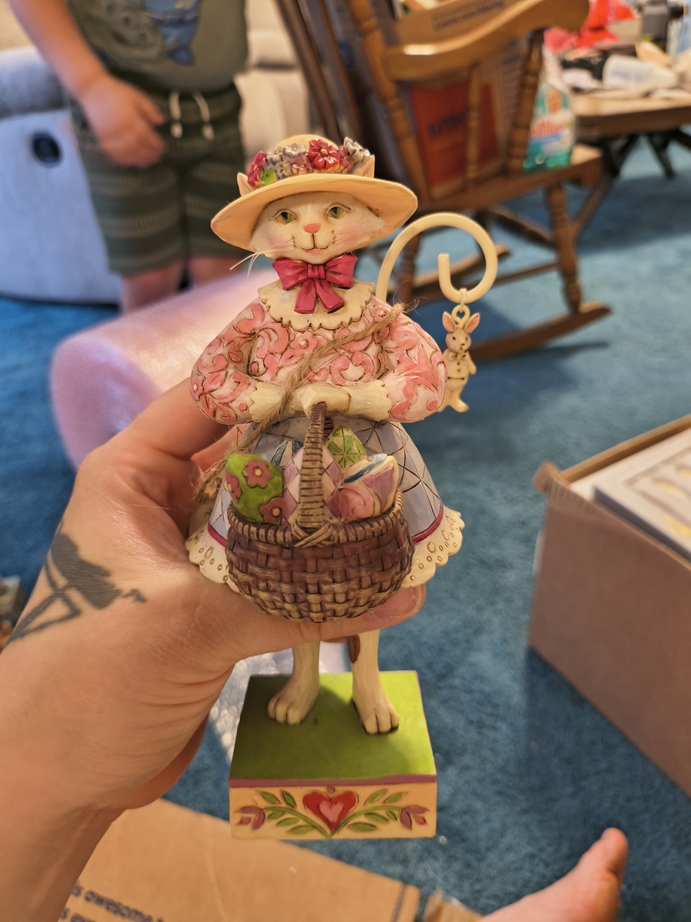 Jim Shore Pink & Green Cat with Basket Figurine